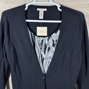 Covington Womens Preppy 2-In-1 Cardigan Sweater Floral Inset Black L